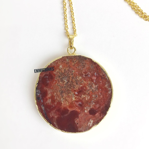 New Exquisite 24KGP Mexican Happy Lace Agate Slice Pendant Necklace / Happiness - Picture 3 of 16